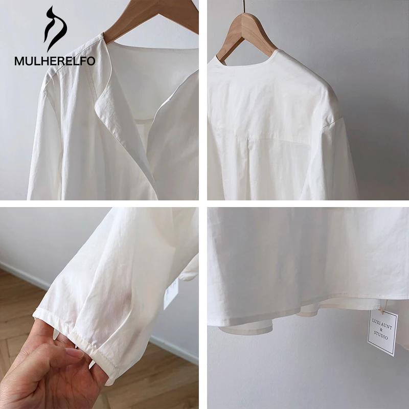 

Loose White Casual Stitching Women's Blouse Half-Open Round Neck Lanterns Sleeve Shirt Tops Lady Cotton Harajuku Korean Clothing