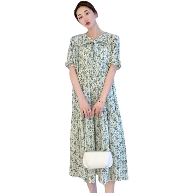 

758# 2021 Summer Floral Printed Chiffon Maternity Long Dress Elegant A Line Loose Clothes for Pregnant Women Lovely Pregnancy