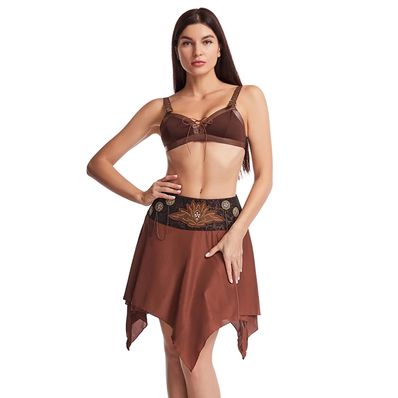 

Костюм женский летний из бюстгальтера и юбки, пикантный кожаный бюстгальтер с заклепками и ассиметричная юбка в готическом стиле, вечерняя одежда в стиле панк, коричневый