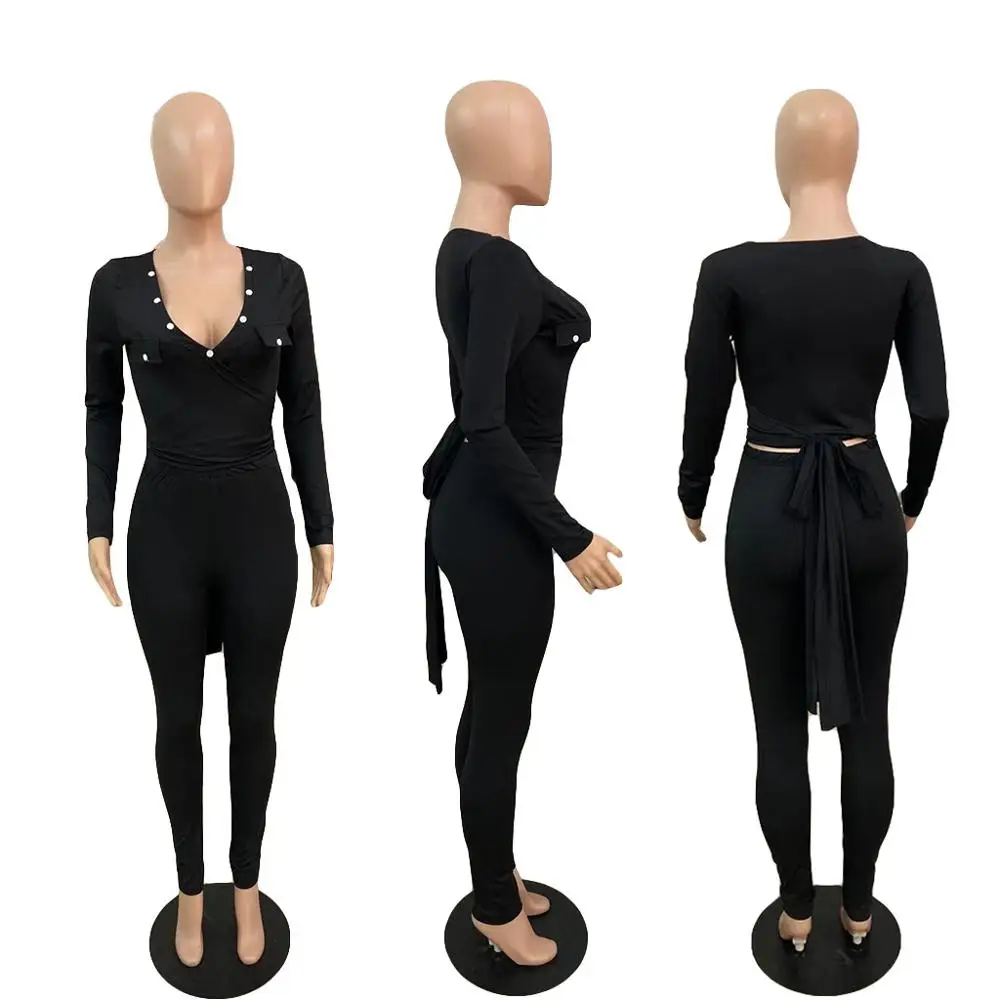 

Sport Set Women Solid Belt Lounge Wear Women Skinny Button Long Sleeve New Arrival Casual V Neck Jogging Suits for Women