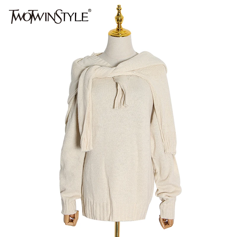 

TWOTWINSTYLE Knitted Beige Ruched Patchwork Women's Sweater Asymmetrical Collar Long Sleeve Pullovers Female 2020 Spring New