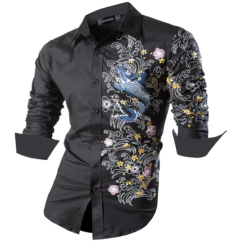 Sportrendy Men's Shirt Dress Casual Long Sleeve Fashion Dragon Stylish JZS091 Black