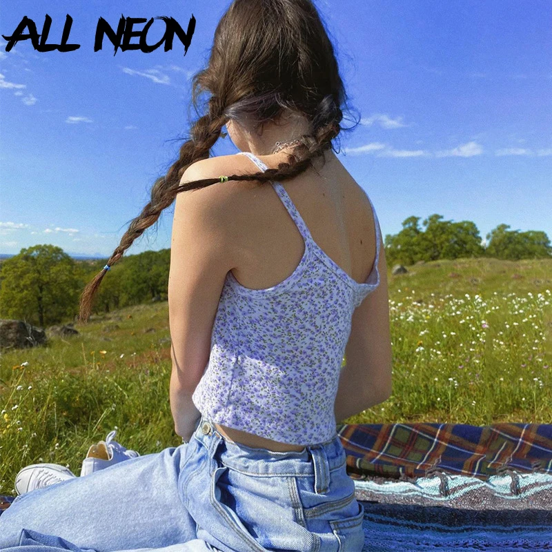 ALLNeon E girl/укороченные топы на бретельках с цветочным рисунком Y2K Модные фиолетовые