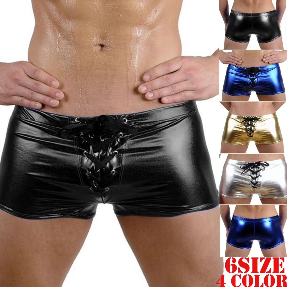 Новые Сексуальные мужские латексные трусы на молнии из ПВХ, шорты Wetlook из лакированной кожи, нижнее белье на шнурке, мужские боксеры, шорты