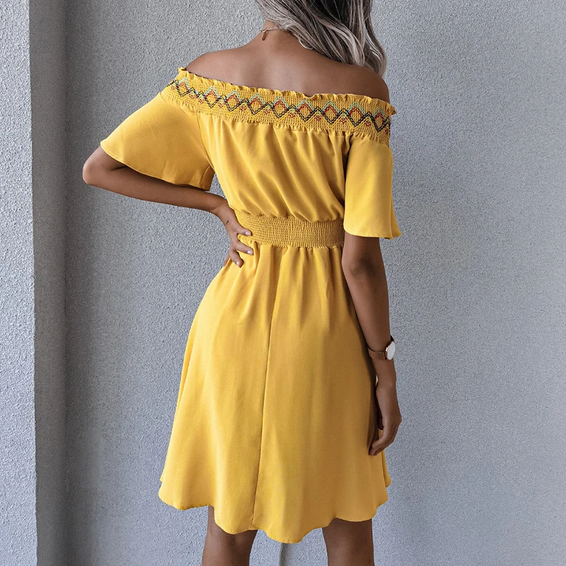 

Fashion Summer Women Slash Neck Casual Holiday Embroidery Solid Color Dress Sexy Off-shoulder Slim Elegant Party A-line Dresses