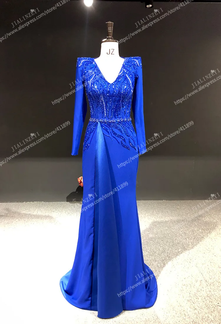 Rhine Real picture Royal Blue V Neck Long Sleeves with Beads Sexy women evening dress long formal dresses