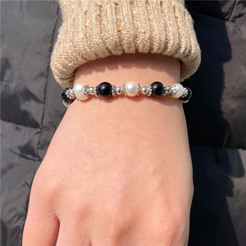 

Natural Black agates white pearl stone beads bracelet ladies jewelry wholesale women elegant friendship pearl gifts dropshipping