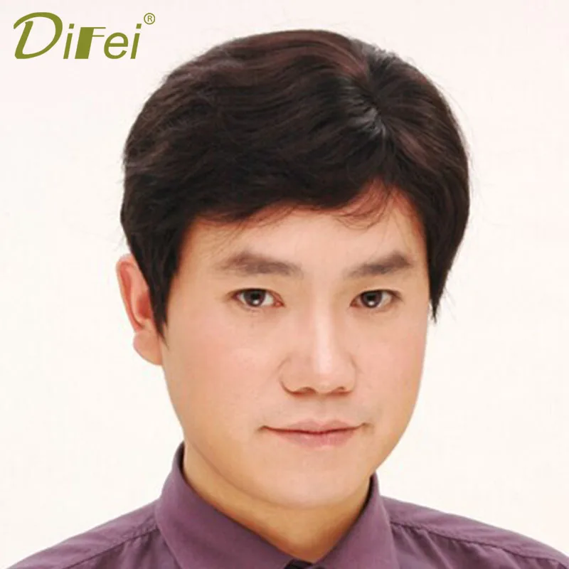 

Парик DIFEI для мужчин, высокотемпературный синтетический, с короткими прямыми волосами с челкой, сотканный вручную, черный коричневый