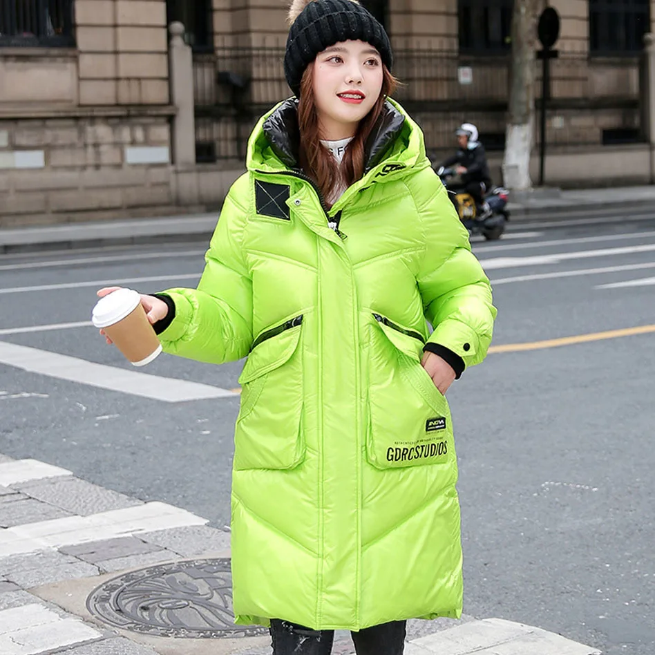 

Женская куртка средней длины на молнии, повседневная яркая пуховая парка из хлопка с капюшоном, верхняя одежда в Корейском стиле, зима 2021
