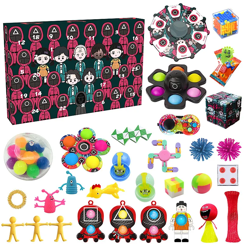 Juego de calamar para ni&ntilde;os, paquete de Calendario de Adviento, juguetes antiestr&eacute;s, Kit de alivio del estr&eacute;s, caja ciega, regalo de Navidad y Halloween-0