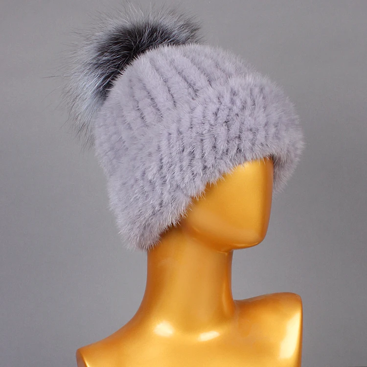 

Women's Knitted Mink Hat 2021 women's fur hats New Fashion Suede Hat Fox Fur Ball Women Winter Headgear Cap Ski cap
