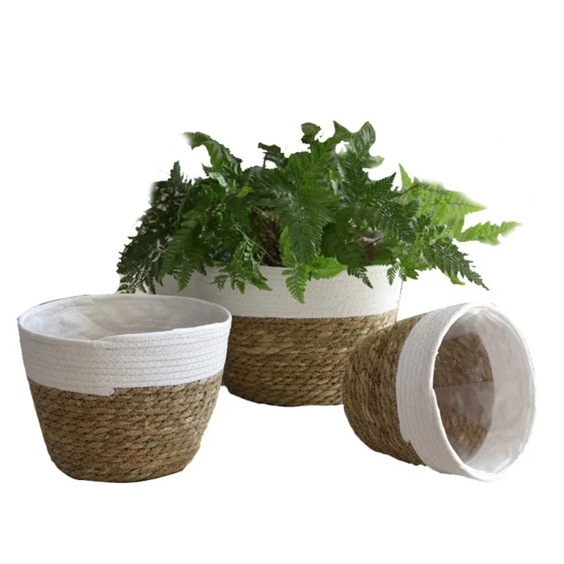 

S M L Handmade Straw Basket Laundry Picnic Toy Storage Macrame Woven Flower Pot Plant Container Straw flower pot Home Decoration