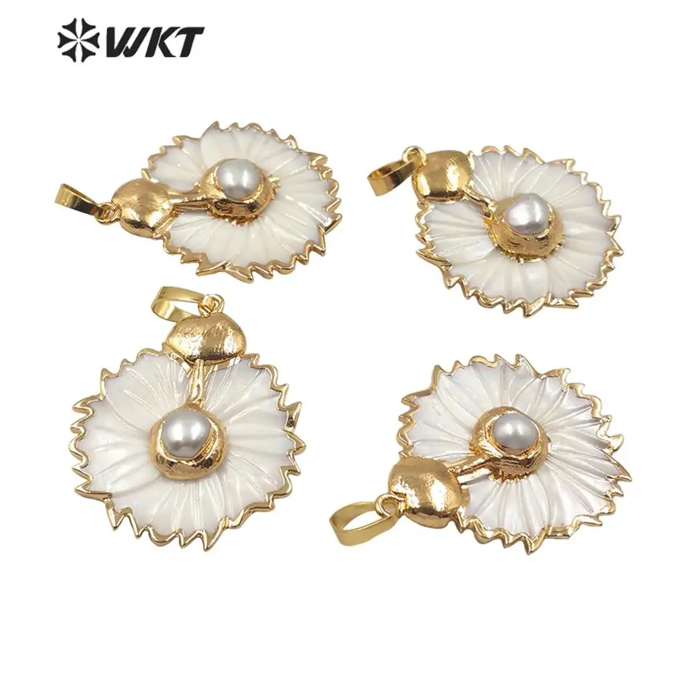 Женская подвеска из натуральной белой ракушки в форме цветка с Золотой