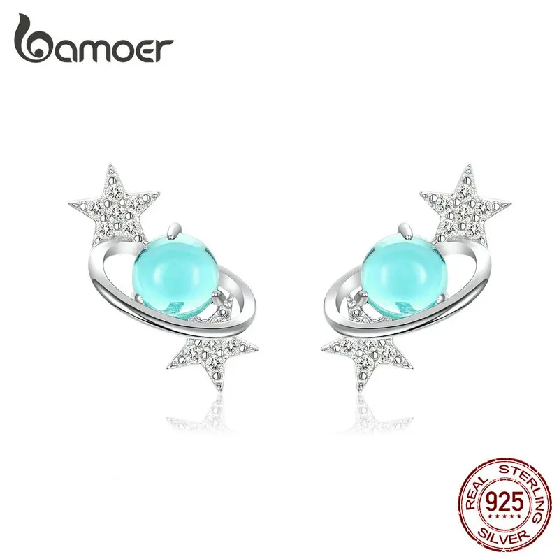 bamoer Blue Planet with Star Stud Earrings for Women Authentic 925 Sterling Silver Design Universe Fashion Jewelry SCE701