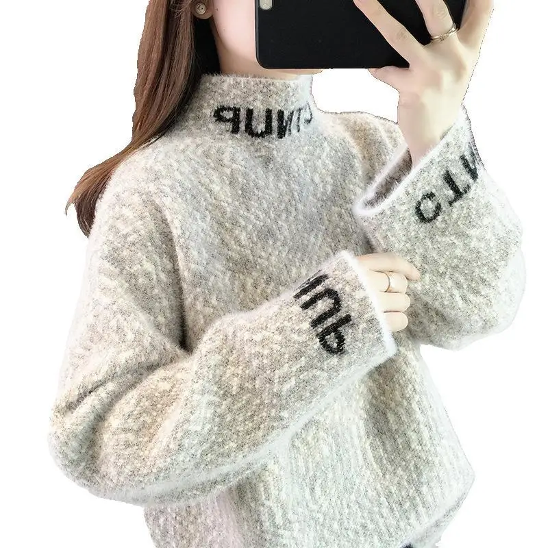 Autumn/winter New Mink Velvet Turtleneck Sweater Female Students Loose Wear Lazy Wind Sleeve Head Bottom Knit | Женская одежда