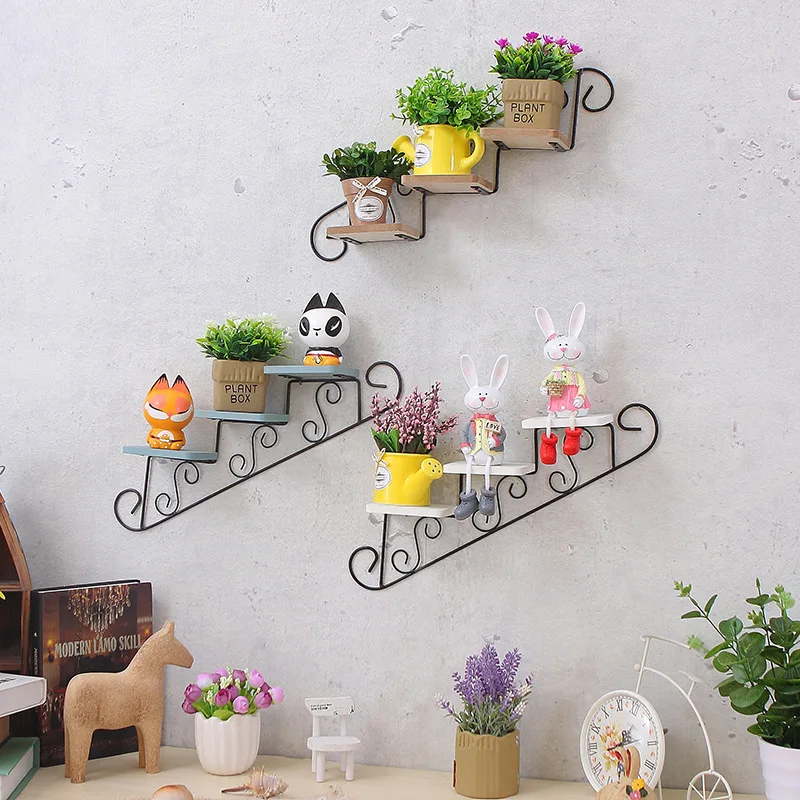 

Decorative Shelves Wooden Iron Storage Holders Nordic Style Stair Type Shelf Flower Pot Wall Hanging Wall Decoration Living Room