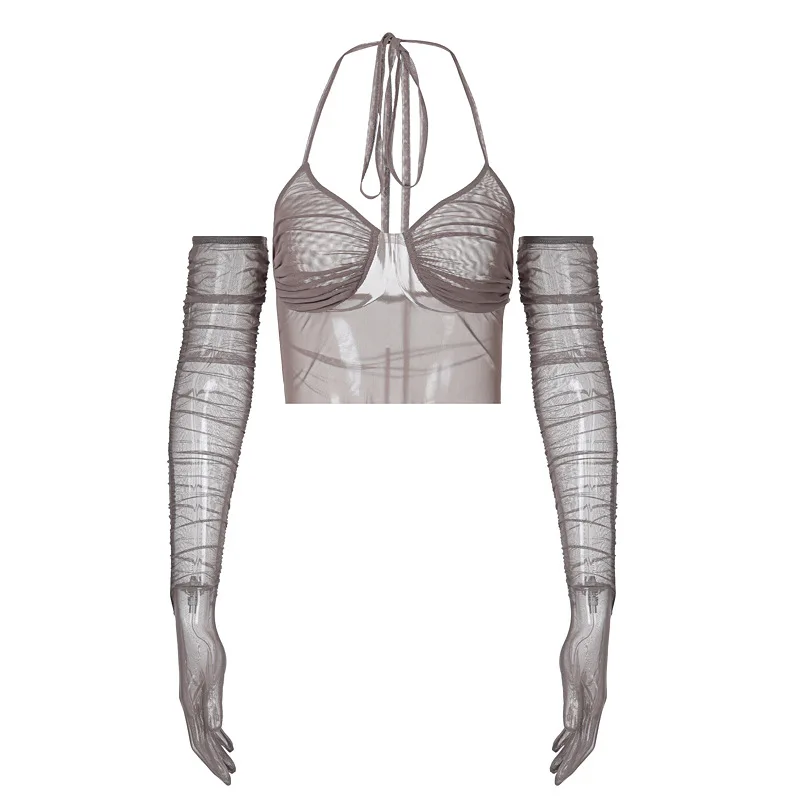 

Mesh Low-cut Women Laters Crop Top Gloves Ruched Bodycon Sexy See Through Sheer Party Club Deep V Neck Streetwear 2021 Summer