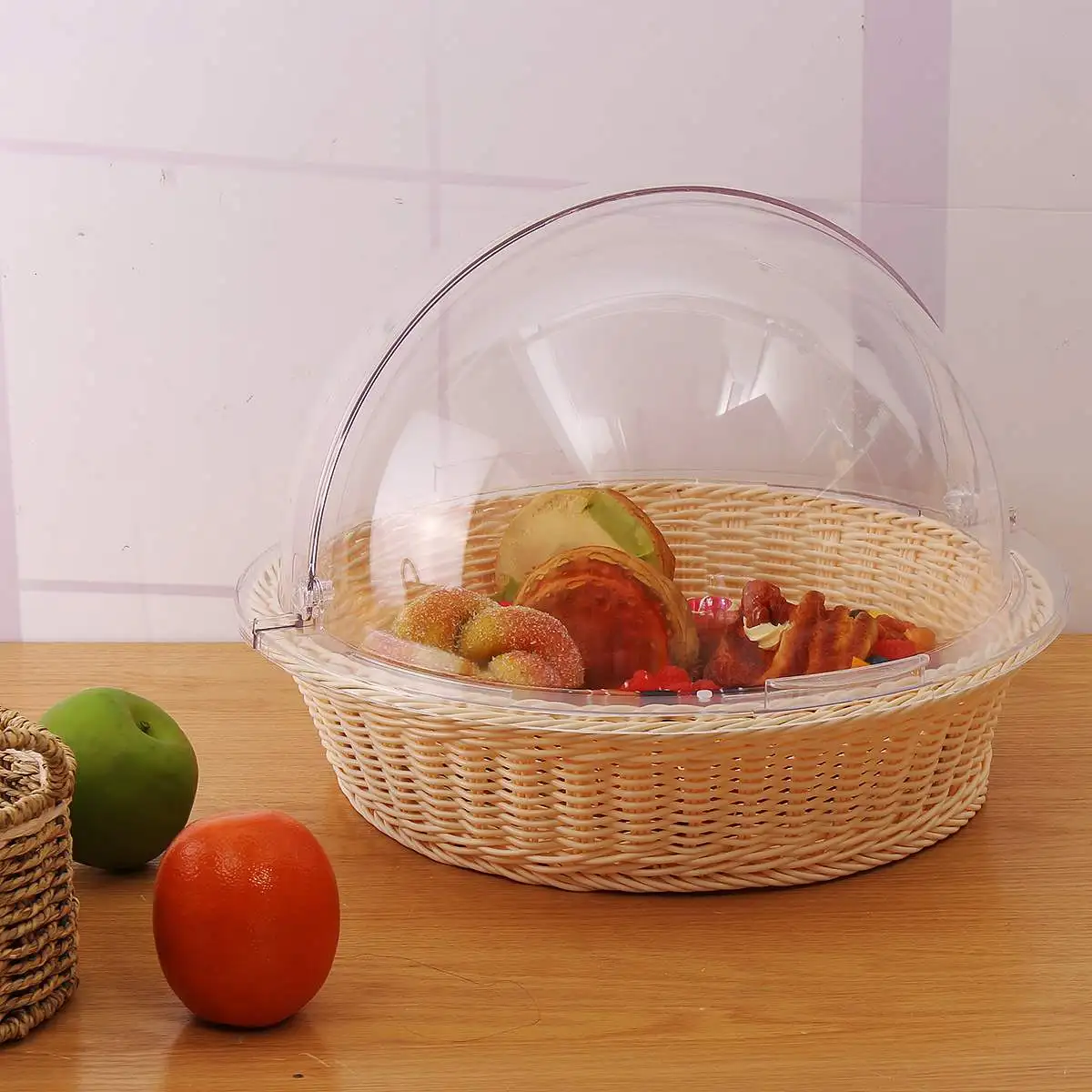 

Round PC Food Display Basket Dessert Fruit Tray Bread Storage Basket With Clear Dome Cover For Kitchen Home Wedding Decor