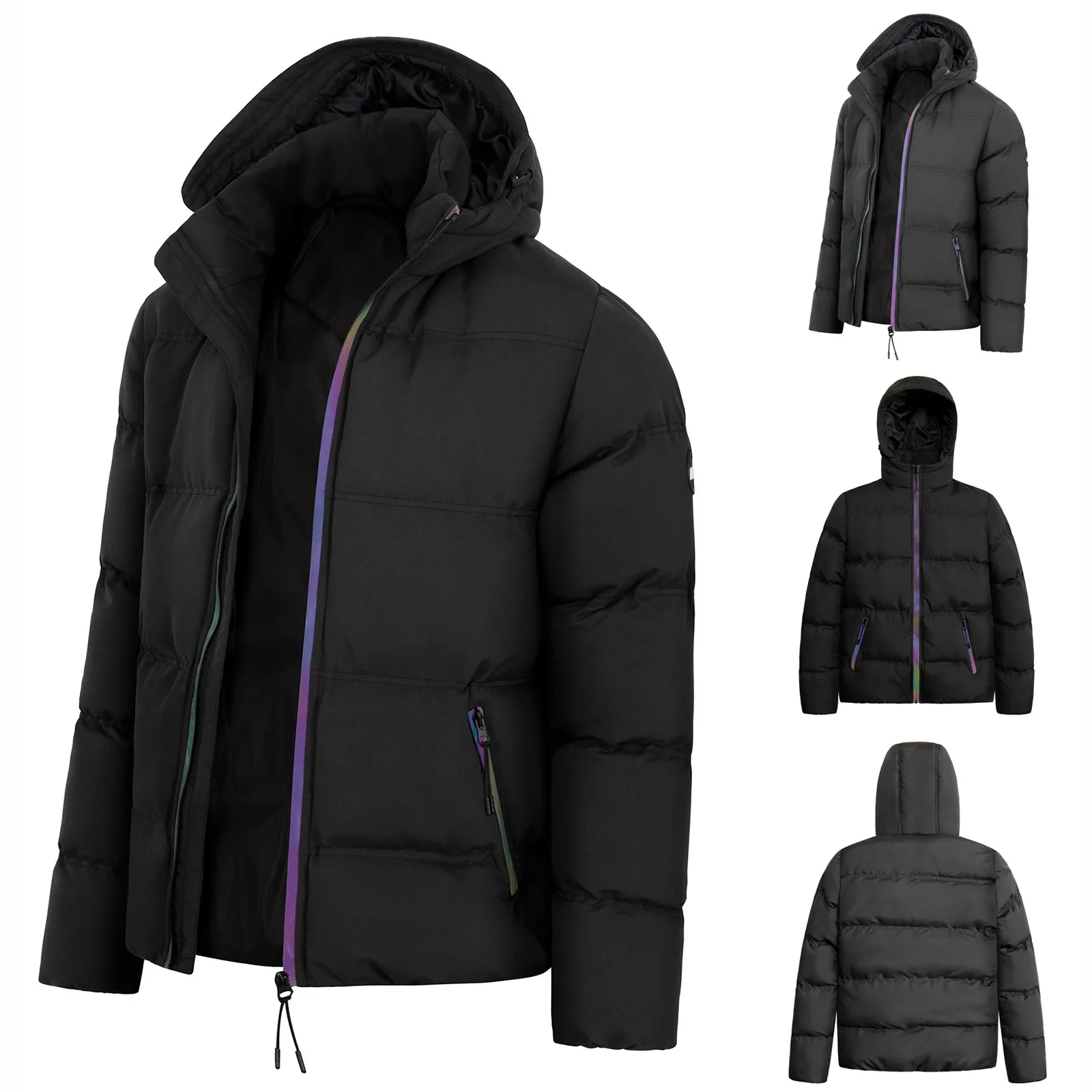 

Men's Thickened Bread Cloth Winter Hooded Solid Color Full-Zipper Padded Plus Size Cotton Coat Jacket with Pockets