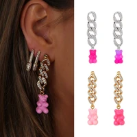 pink cartoon bear crystal tassel drop earrings for women bling cuban rhinestone chain long earring femme jewelry christmas gift