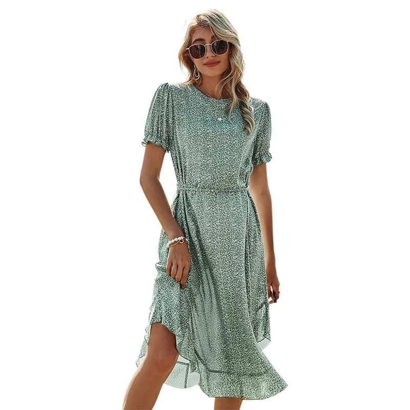 

2021 Summer New High Waist Round Neck Ruffled Mid-length Floral Dress Female Short-Sleeved A-line Skirt Boho Dress Women