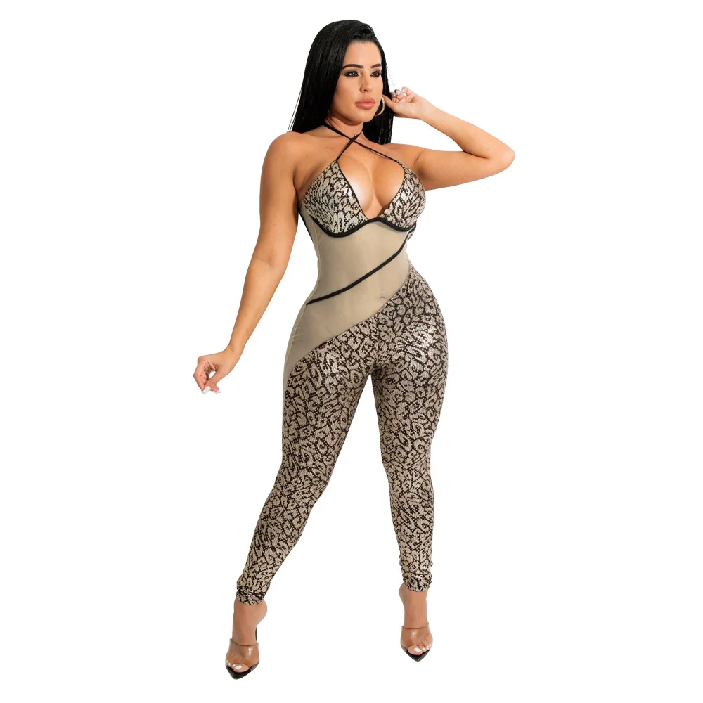 

Casual Plus Size Jumpsuits And Rompers For Women Sexy Backless Splicing Halter Straps Bodysuit Overalls Female Summer Clothing
