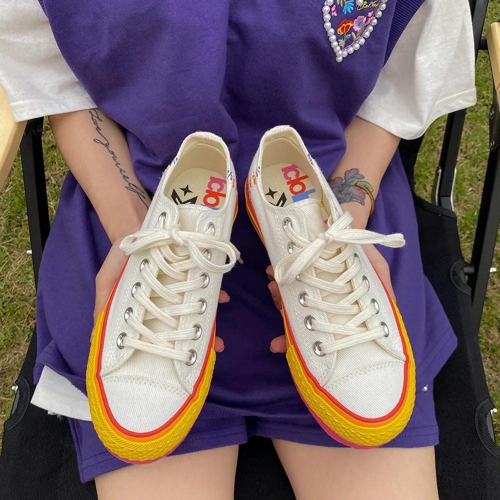 

Vulcanized Shoes Women 2021 New Summer Platform Canvas Shoes Casual White Shoes Rainbow Skateboard Shoes Chunky Sneakers Women