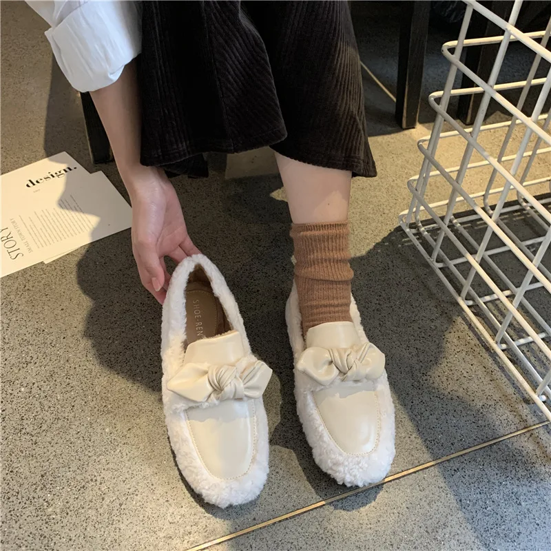 

Shoes Woman 2020 Casual Female Sneakers Round Toe Clogs Platform Shallow Mouth Autumn Bow-Knot Slip-on Loafers Fur New Winter