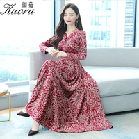 autumn 2022 women red vintage dress size 4xl grace dresses for party long sleeve fleurie v neck green vestidos de mujer casual