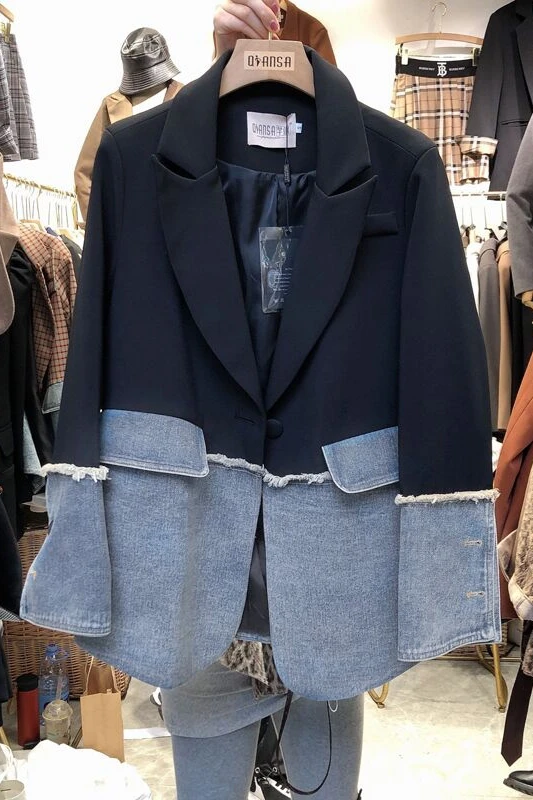 

LANMREM 2021 Spring New Coat Fashion Women Turn-down Collar Full Sleeves Denim Jacket Patchwork Pocket Office Lady Jacket 2A044