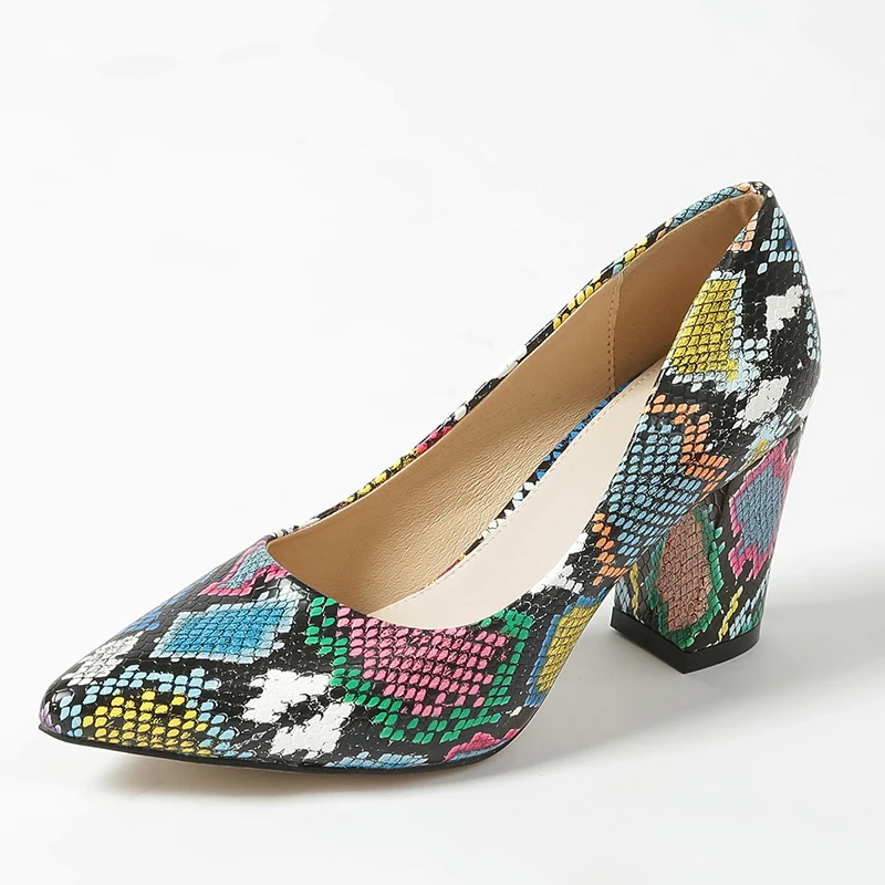 

GENSHUO Snake Print PU Leather Shallow Pumps Size 35-40 Concise Fashion Dress Shoes Zapatos Mujer Block Heels Pointed Toe Shoes
