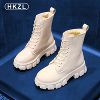 hkzl winter shoes womens cotton boots fashion round head lace up medium tube martin boots plus size casual korean short boots
