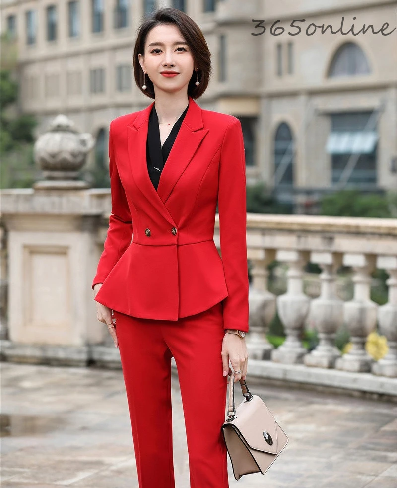 Женский офисный элегантный красный деловой костюм из органической кожи со