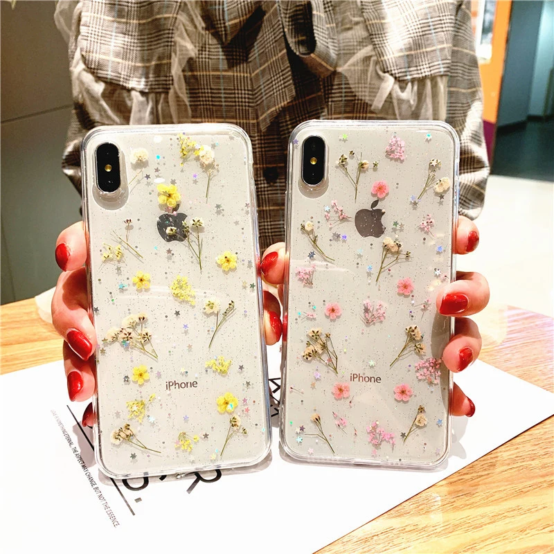

Hot Epoxy Star Transparent Cover Real Dry Flower Glitter Clear Phone Case for Apple Iphone 6 7 8 Plus X XS XR MAX 11 Pro 12 MiNi