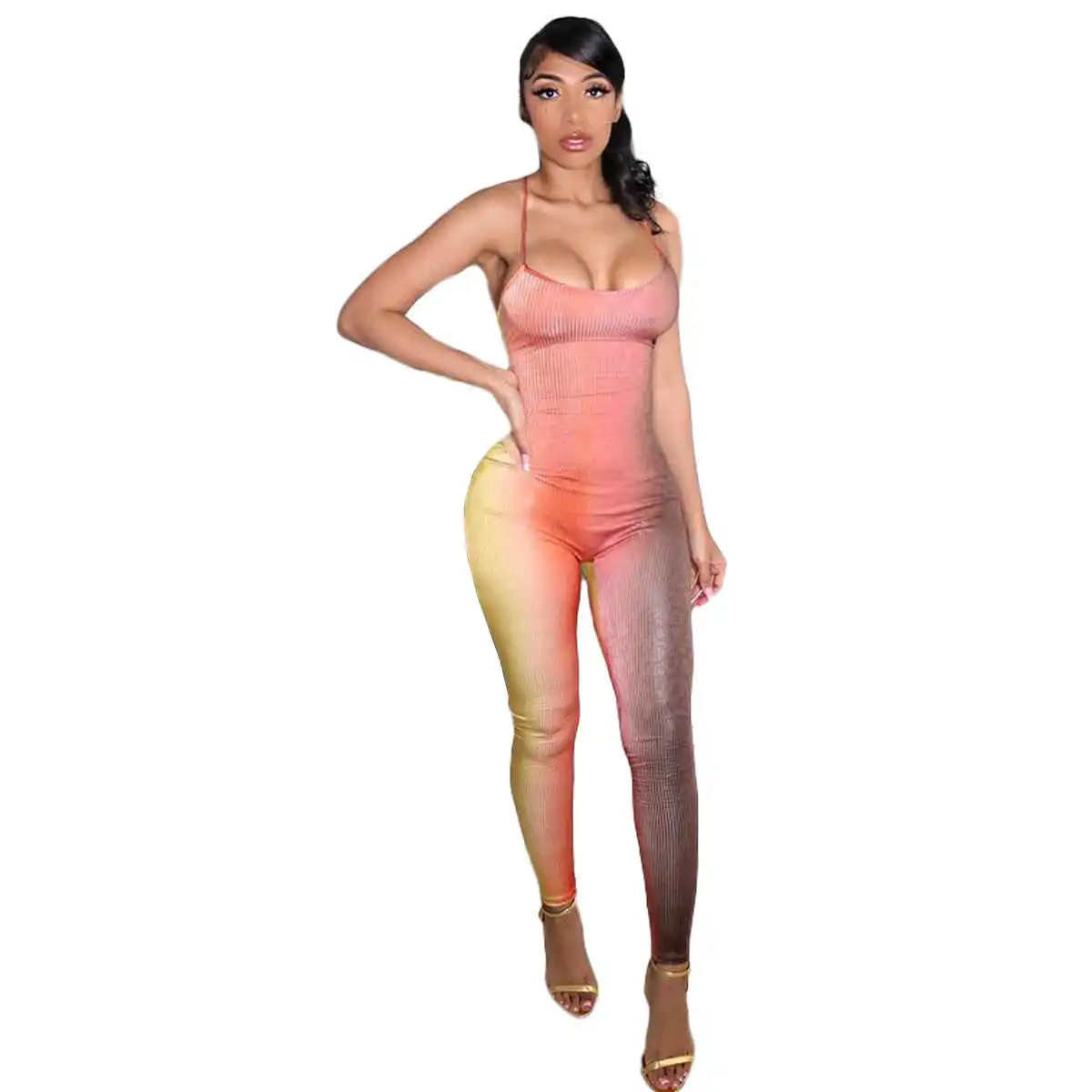 

Zq8090 women's nightclub printed multicolor sexy strapping open back suspender Jumpsuit