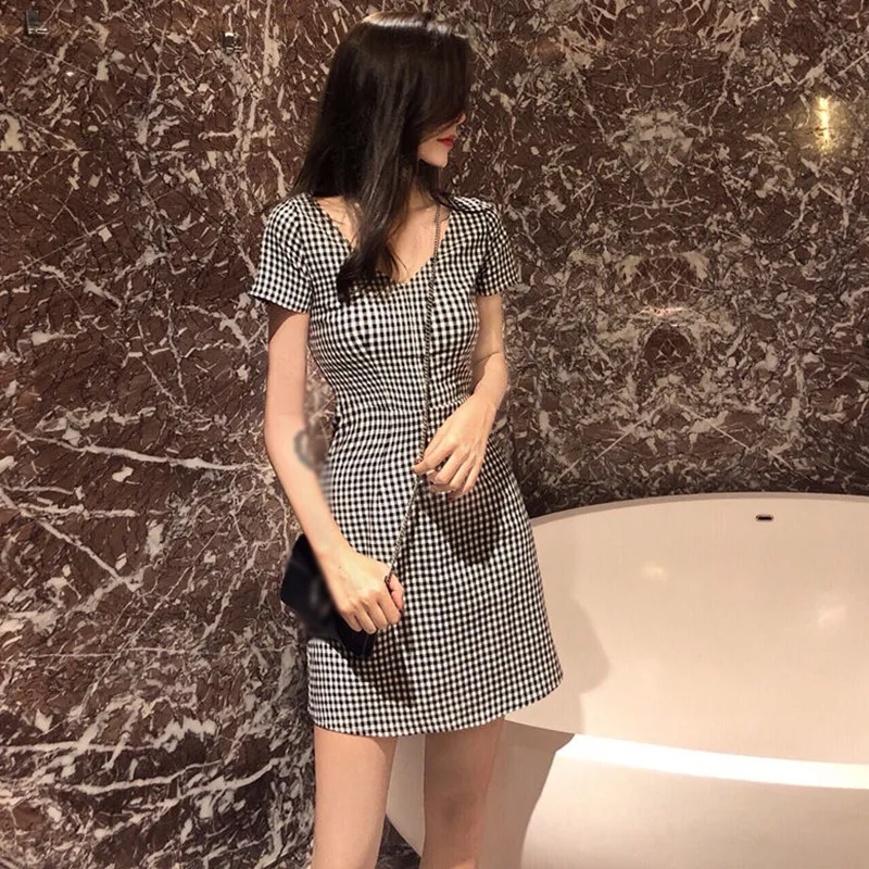 

Fashionable High Waist Short Sleeve Plaid Knitted Checkered Vintage Dress Women's Summer Dresses Elegant Party Dresses