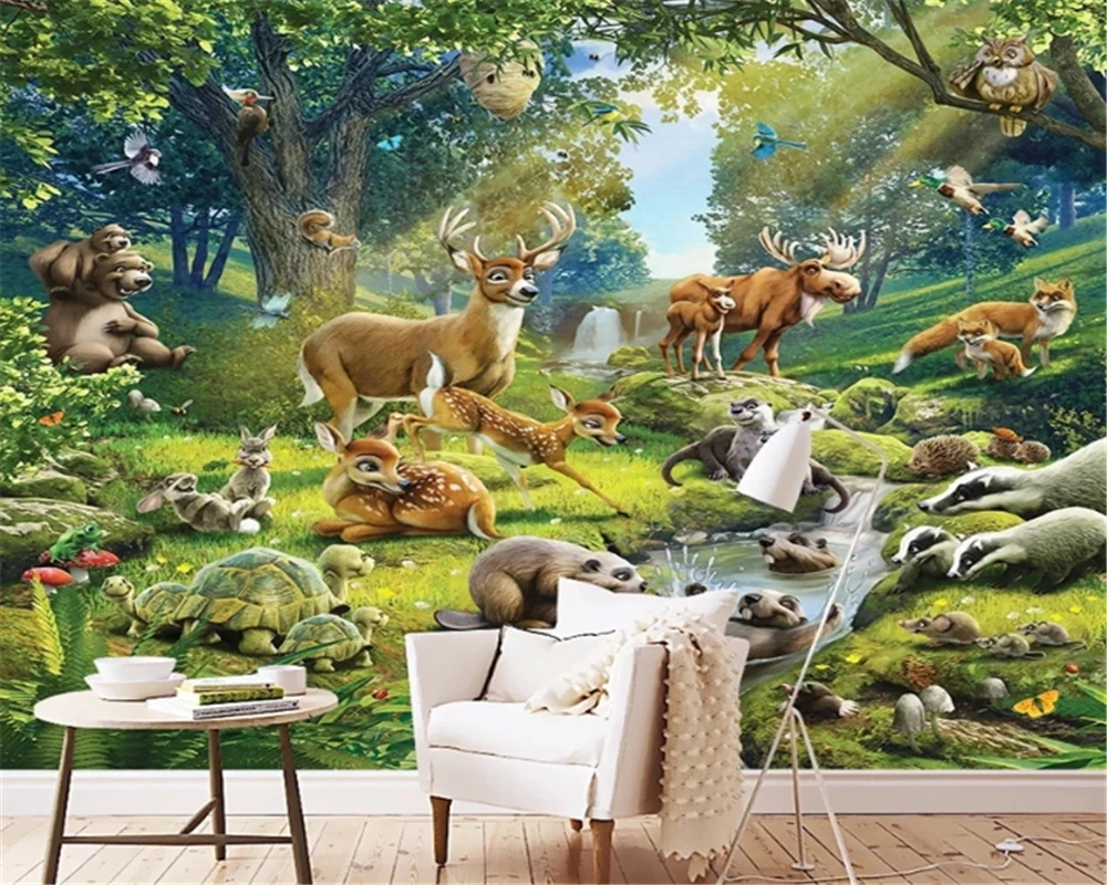 

beibehang Custom 3D photo mural cartoon forest animal world elephant lion giraffe children bedroom living room mural wallpaper
