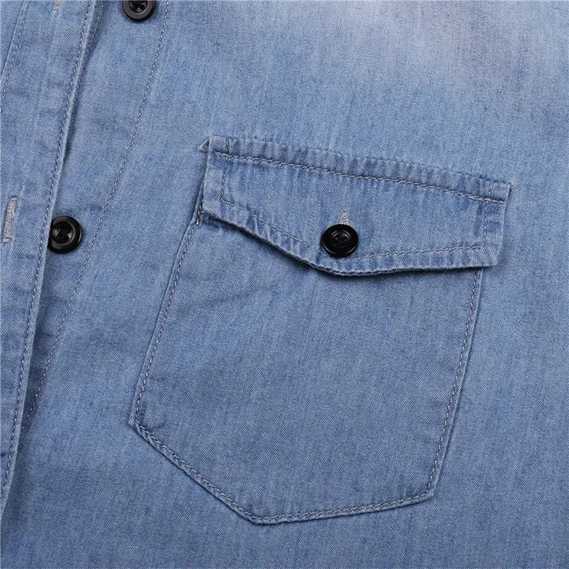 

Women Long Sleeve Lapel Denim Shirts Pocket Single Breasted Blue Fall Shirt Tops