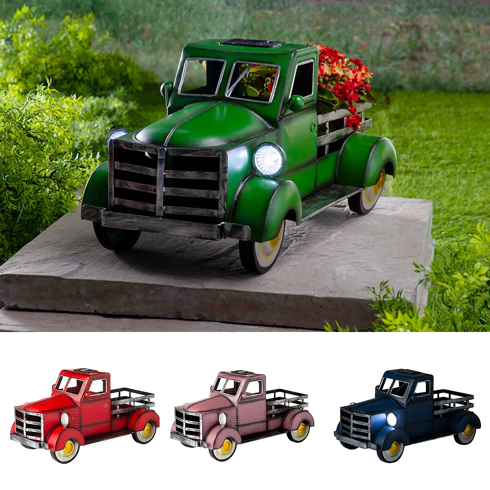 

Retro Style Solar Pickup Truck Creative Truck Flower Pot Handmade Resin Crafts Ornament with LED Light Decor for Garden YE-Hot