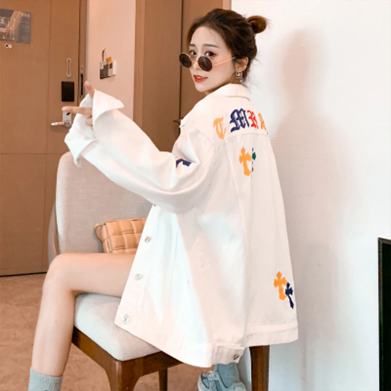 

2021 spring and autumn new heavy industry embroidery loose white denim jacket mid-length jacket female tide brand ins