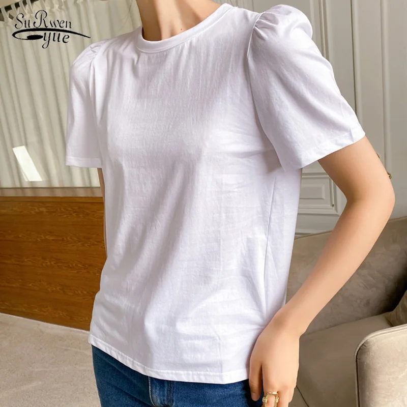 

Корейская женская летняя футболка с рукавами-фонариками, простые однотонные белые и фиолетовые топы, футболка, хлопковая Футболка для женщ...