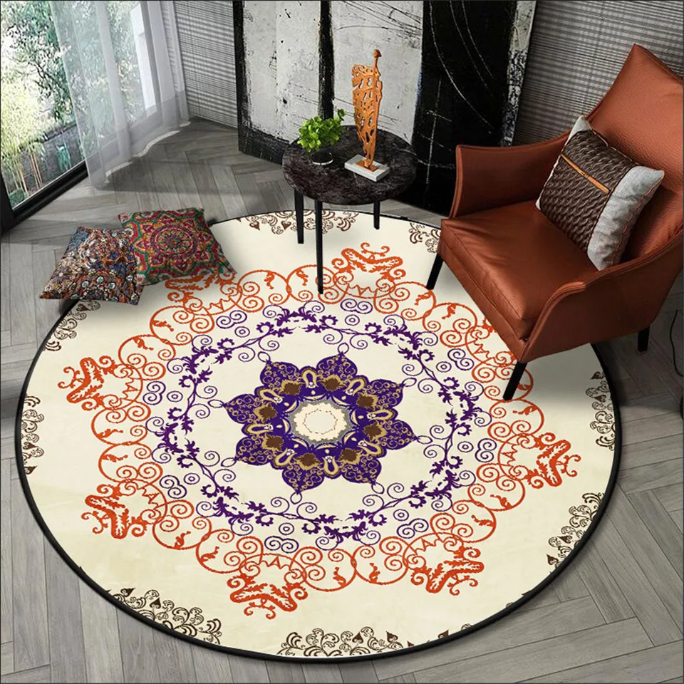

Wishstar Bohemia Round Carpet Living Room Purple Orange Elegant Flower Chinese Rug Mat Ethnic Carpet For Chair