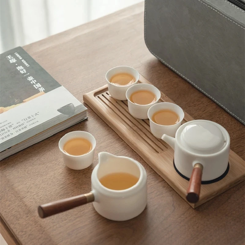 

Чайный набор из костяного фарфора, китайский винтажный дорожный портативный чайник ручной работы, семейный чайный набор, чайная церемония, ...