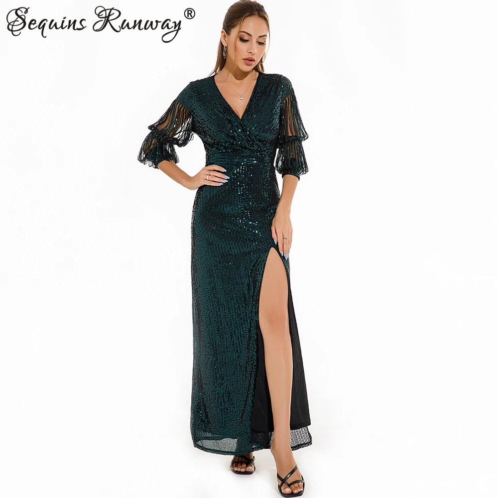 Женское винтажное платье макси зеленое вечернее с блестками элегантное