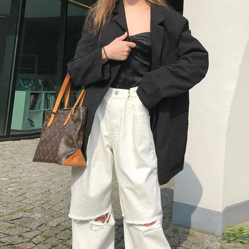 

Autumn Single-Breasted Shoulder Pad Suit Coat Fashion Women Casual Street Jacket Spring Office Lady Solid Lapel Jacket Outerwear