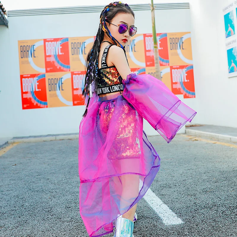 

New Girls' Jazz Dance Costumes New Fashion Purple Hip-Hop Sequin Lace Suit Kids Street Dance Performance Stage Clothes 120-170CM