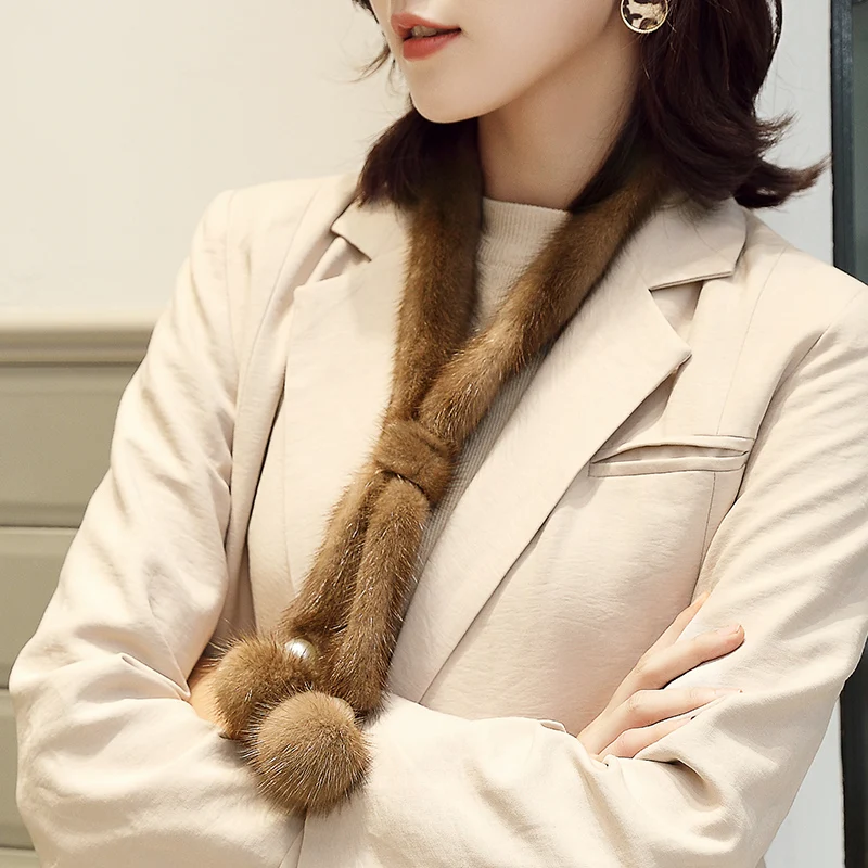 Lantafe Scarf Women Lady Tie Fur Decoration With Ball Neck Real Mink Thin Fashion Ladies |