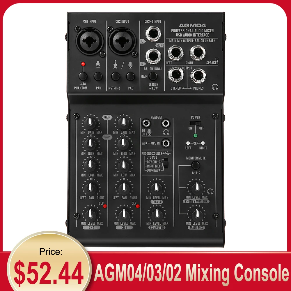 

Звуковой микшерный консоль AGM04 /AGM03 /AGM02, цифровой звуковой миксер, 4-канальный 2-полосный EQ 48 В, фантомное питание 5 В, USB-миксер питания, аудио