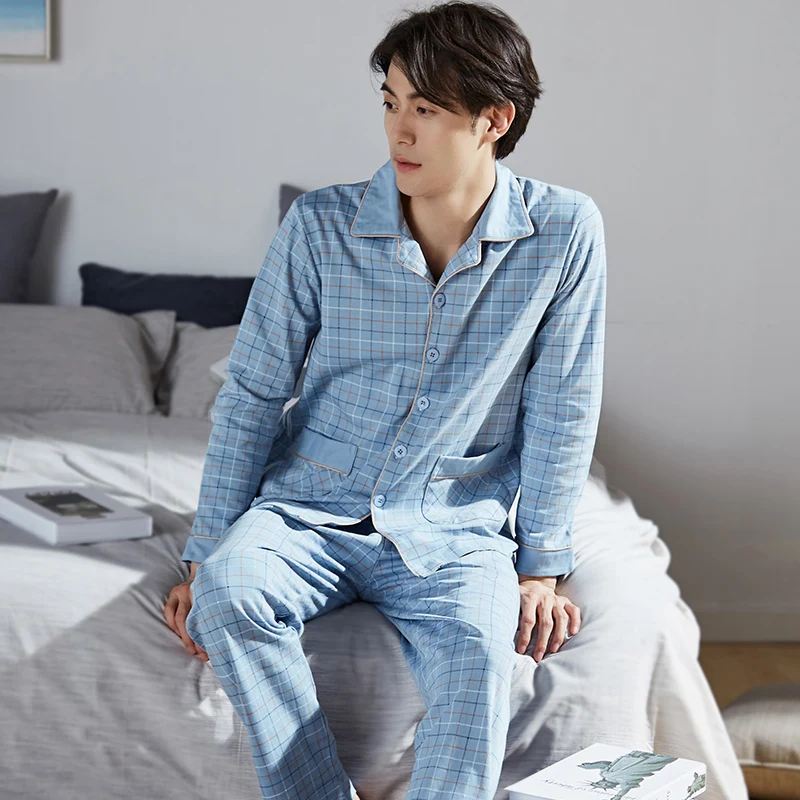 Winter Man's 100% Cotton Pajamas 2 Pieces Lounge Sleepwear Bedgown for Men Plaid Nightgown Home Clothes PJ Pure Cotton Pajamas