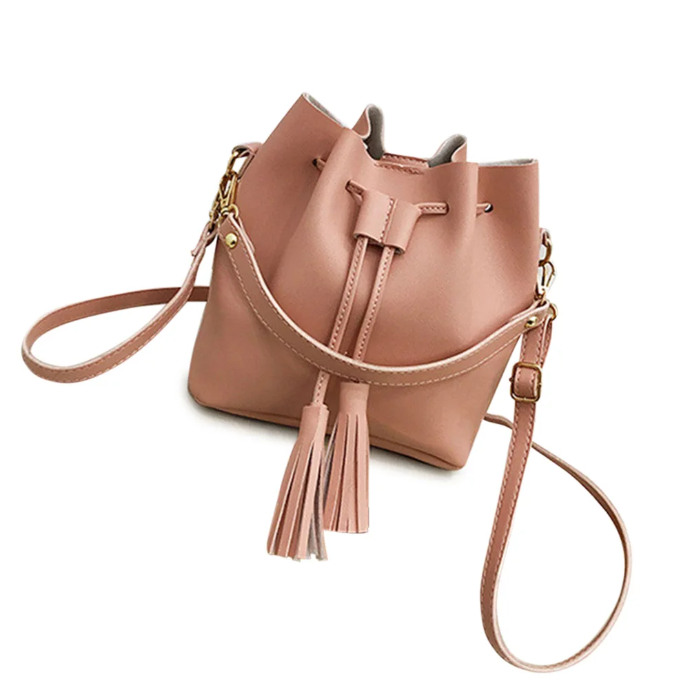 

Women Bucket Bag Handbag Tassel Drawstring Small Messenger PU Leather Crossbody Bags New